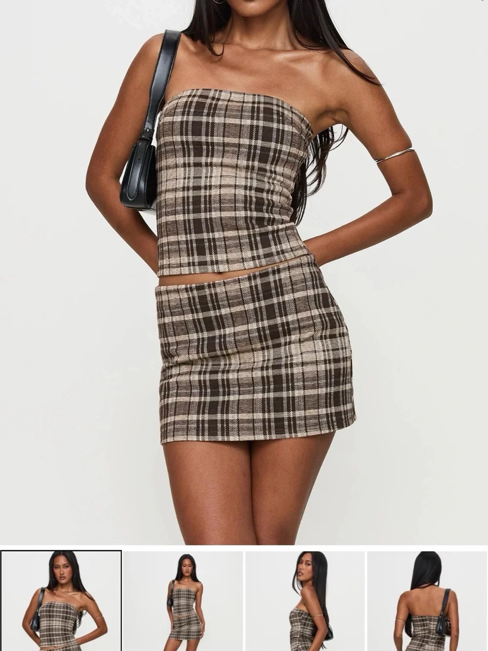 NWT Princess Polly Brown Plaid Mini Skirt & Strapless Top Set Size US 6